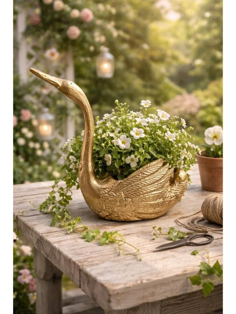 New Gold Metal Hollywood Regency Mini Swan Planter Room Decor Figurine Figure